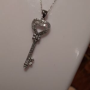 Solid Sterling Silver Large Heart CZ Key Pendant Necklace 18" Chain Rhodium 💗🎁